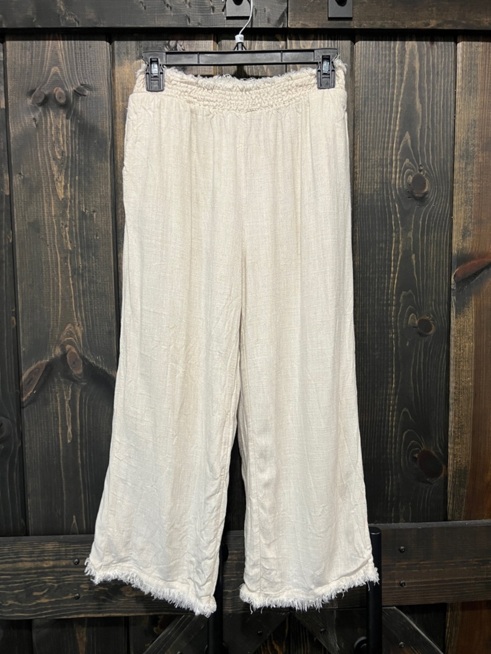 Solai Cream Linen Blend Wide Leg Pants S Cropped Raw Hem Pull On Coastal Chic